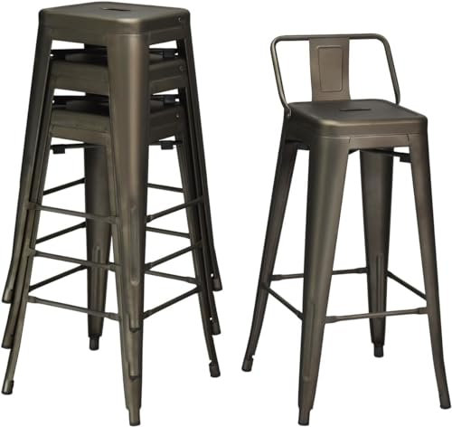 RELAX4LIFE Tabouret de Bar Lot de 4 avec Dossier Amovible, Chaise de Bar Empilable en Métal avec Repose-Pieds, Tabouret Haut Tolix, Assise 76 CM, Charge 150 KG pour Cuisine Comptoir Bistro