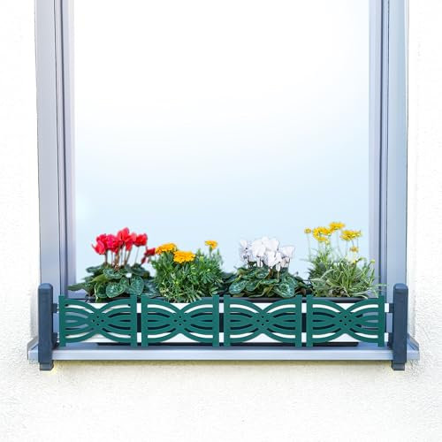 GREEN CREATIONS Masu Set base antracite, supporto per fioriera senza foratura, protezione anticaduta, davanzale regolabile, 78-140 cm (elementi decorativi: Waves, verde muschio)