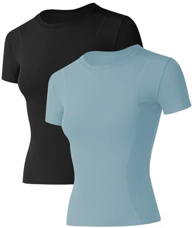 IECCP Damen Sport T-Shirt Kurzarm Laufshirt Atmungsaktiv Fitnessshirt Gym Yoga Tops Funktionsshirt Eng Training Shirts 2er Pack XS