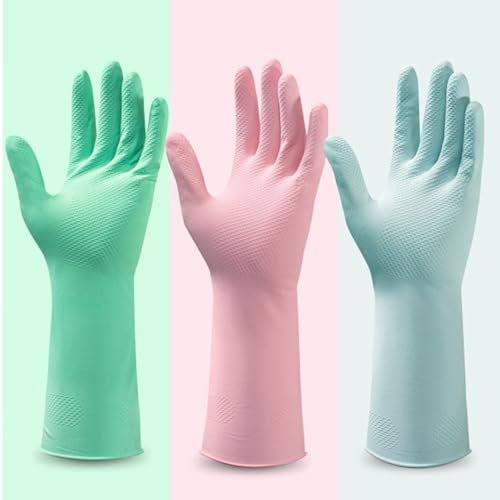 PATILWON 3Pair Rubber Gloves, Washing Up Gloves, Household Cleaning Gloves, Reusable Kitchen Gloves, Non-Slip, Wear-Resistant, Elastic Thickened (3 Colors, Small)