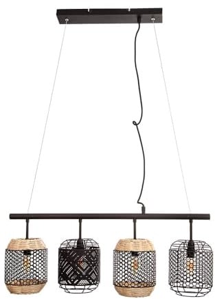 Hängeleuchte Rattan Esszimmerlampe Käfig schwarz Pendelleuchte Holzgeflecht 4 Flammig, 4x LED 7W 806Lm warmweiß, LxBxH 74x15x150 cm