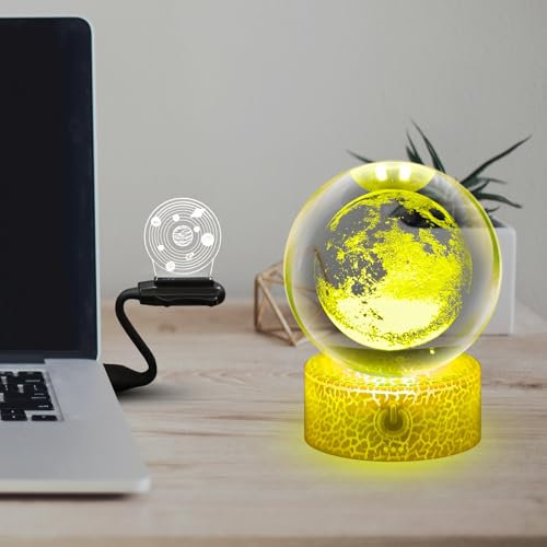 Fincoly Mond Kristallkugel Lampe Sonnensystem Planeten Sphere Nachtlicht Lunar Desktop Ornament 3D Illusion Geschenk Licht LED 16 Farben Fernbedienung Geburtstag für Kinder Junge Mädchen (3.2inch)