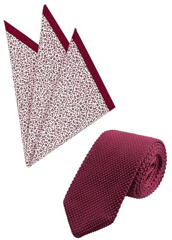 WANYING Herren 7cm Schmale Strickkrawatte & 33cm Einstecktuch Sets - Gestrickte Narrow Krawatte Binder Schlips Knit Tie - Bordeaux Krawatte 02