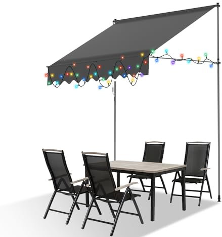 Eulenke Klemmmarkise 200 cm breit mit LED Beleuchtung, Markise ohne Bohren mit Handkurbel, UV-beständig, Sonnenschutz und Wasserdicht, Anthrazit