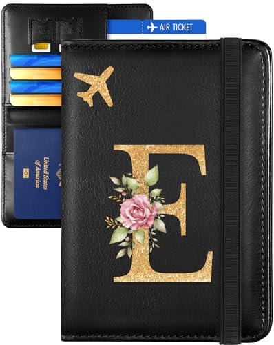 Slohif Reisepasshülle für Damen, Leder, Reisepasshülle für Familie, Reisepass, Kartenfächer, Schutzhülle, Schwarze Initiale E