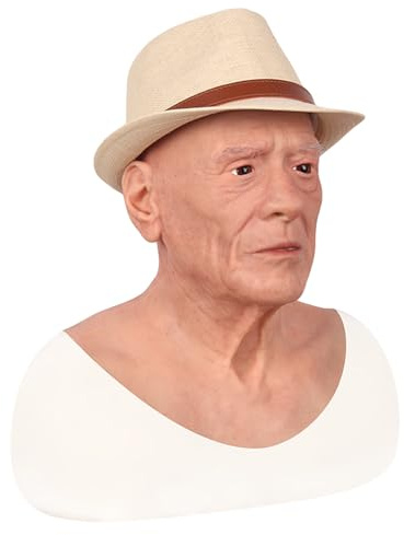 Adima Silikon Realistische Kopfmaske Lebensechte alte Mann Gesichtsabdeckung Kopfbedeckung Neuheit Latex Kopfbedeckung für Halloween Cosplay,Elfenbein,One Size