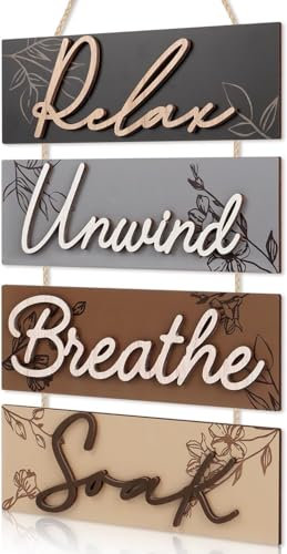 HPNIUB 3D Farmhouse Bathroom Decor, Bathroom Sign Relax Soak Unwind Breathe Wood Hanging Plaque, Rustic Home Decoration for Spa Laundry Bathroom Accessories