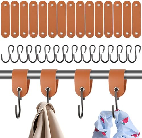 YONGQING 15 Stück S Haken mit Lederschlaufe, Braun, PU-Leder, Edelstahl, Über-die-Leiste-Montage, Schlafzimmer, Badezimmer, Büros, Küchen