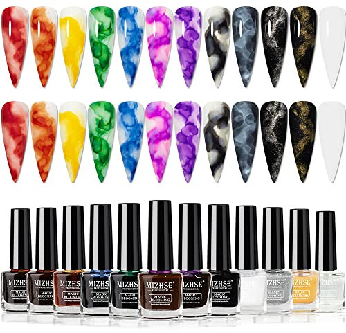 MIZHSE Blooming Nail Polish für Kreative Nageldesigns, 12 Farben Ink Color Nail Art, Blooming Gel mit Marmor Effekte, Glitzer Marmor Nagellack für Natürliche Verläufe und Blumeneffekte 7ml 12er Pack