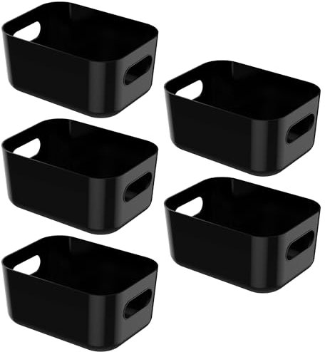ZENO Plastic Storage Baskets 5 Pack | Small Storage Box | Plastic Basket | Small Storage Baskets With Strong Handles | Baskets For Storage for Bathroom, Kitchen, Bedroom | Black