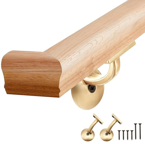 Maasechs 6010 - Kit de pasamanos de roble rojo con soportes de pared y soportes de montaje en pared, pasamanos de madera para interiores de 6 pies, incluye tornillos para barras, pasamanos de pasillo
