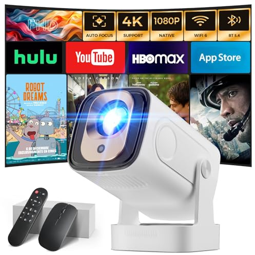 Beamer [1080P Native & Autofokus & 2026 Modell & Integrierte Apps] 4K Support Mini Beamer mit WiFi 6 Bluetooth 5.4 Air Remote Projektor Tragbarer Kompatibel mit HDMI/TV Stick/Memory Stick/Laptop, Weiß