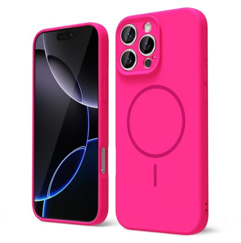 oakxco for iPhone 16 Pro Max Case Silicone Mag Safe, Magnetic Slim Thin Phone Case Compatible with Magsafe, Women Girls Cute Girly Bright Fluorescent Rubber Safecase with Camera Cover, Neon Hot Pink
