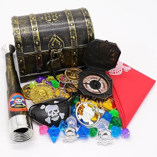 Mineup Piraten Schatzkiste, Schatzkiste Holz mit Schloss, Piratenschatzkiste 100 Gramm Diamanten + 20 Goldmünzen, Schatztruhe Kinder für Kinderspielzeug Piratenparty Dekoration Mitgebsel(14x11x10cm)