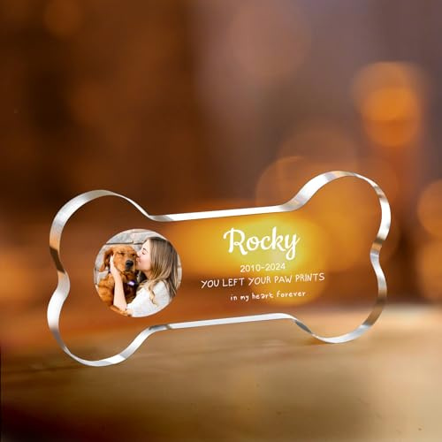 NIBESSER Personalisiert Gedenktafel für Haustiere Erinnerung Acryl Dekorschild mit Foto Hundandenken Geschenke Trauergeschenk, Kristall-Knochenform für Katze und andere Haustiere Tiere