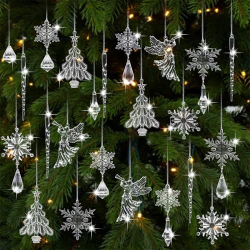 Forbabe Weihnachtsbaumschmuck 52 Stück Acryl Weihnachtsbaum Schmuck Eiszapfen Schneeflocke Eistropfen Anhänger Christbaumschmuck Baumschmuck Weihnachten Deko