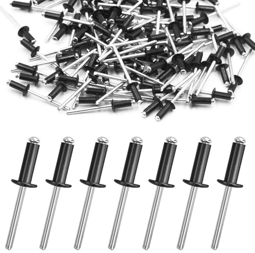 150 Stück Aluminium Blindnieten, 4.8 x 20mm Popnieten Set Blindniet mit Großem Flansch Pop Nieten mit Offenem Ende Blindniete für Metall Holz Kunststoff (Schwarz)