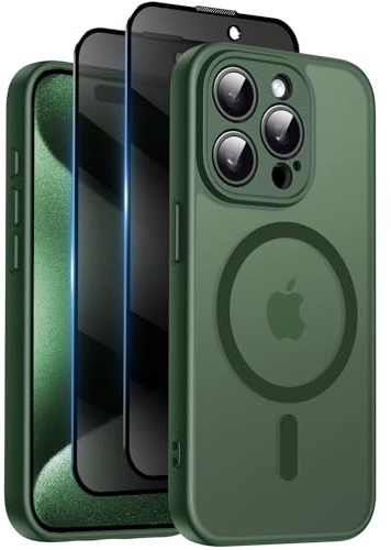 Qasyfanc for iPhone 15 Pro Max Case, Privacy Screen Protectors X2, Green | Compatible with MagSafe, Camera Protection, 15FT Military Drop Protection, Translucent Matte Shockproof Phone Cover