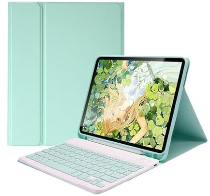 YSJX PU+TPU-Lederhülle mit Standfunktion und Stiftschlitz, abnehmbare Tastaturabdeckung, kompatibel mit Samsung Galaxy Tab S8 Plus 12,4 Zoll(Mint+Keyboard)