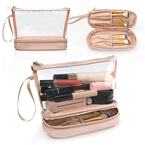 Clear Makeup Bag with Brushes Compartment Travel Toiletry Bag Rose Gold | Compact Lightweight Portable Convenient Brushes Separate Organizer Travel Essentials Gifts for Women/Girls