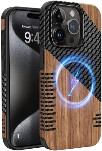 ZZDZZ Magnetisch Hülle für iPhone 15 Pro Max Hülle 6,7 (Twill Holz) | ZZDZZ Hülle [Kompatibel mit MagSafe] Holz und Carbon Leder Design Handyhülle Stoßfest Schutzhülle