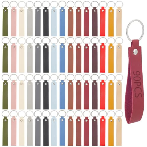 AHANDMAKER 90 Stück 15 Farben PU Leder Schlüsselanhänger Rohlinge Rechteckige Schlüsselanhänger Mit Gravur Und Schlüsselringen Leder Schlüsselanhänger Set Für Bastelarbeiten Geschenke Und Dekor