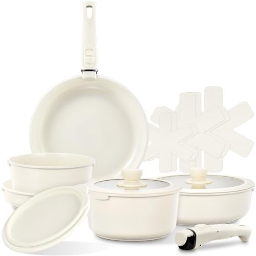 FOHERE Topf- und Pfannenset, Antihaft-Keramik-Kochgeschirr-Set mit 2 abnehmbaren Griffen, 16-teilig Induktionskochtopf-Set mit Deckel für alle Herdarten, ofen- und kühlschrankge