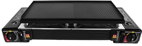 2500W Campingkocher Gas & Gaskocher, 2-flammig Camping Gasgrill mit Backblech & Tragekoffer, Tragbar Grill Gas für Reisen, Grillpartys 63 × 26 x 8cm