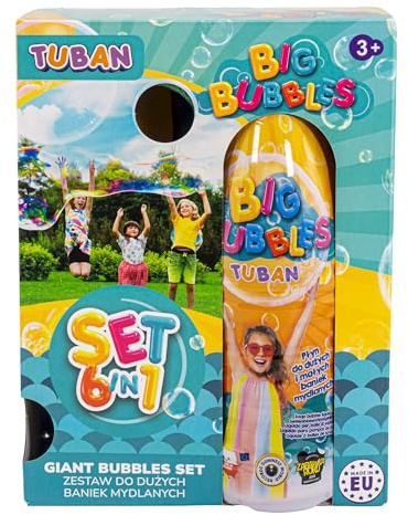 Tuban Big Bubble Box Set 6 in 1Riesenseifenblasen Set für Kinder mit 1 Liter Seifenblasenflüssigkeit, 5 Zubehörteilen, Schüssel und Ringen für XXL Blasen und Tunnel, ideales Outdoor Gartenspielzeug