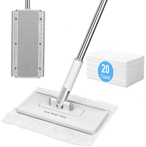Snap Grip Mini Mop, Lazy Mop Clip-On with 20 Disposable Cleaning Wipes | Hands-Free Automatic Cloth Change Mop, 360° Rotation Long Handle, for Wet & Dry Multi Surface Floor Wall Daily Cleaning