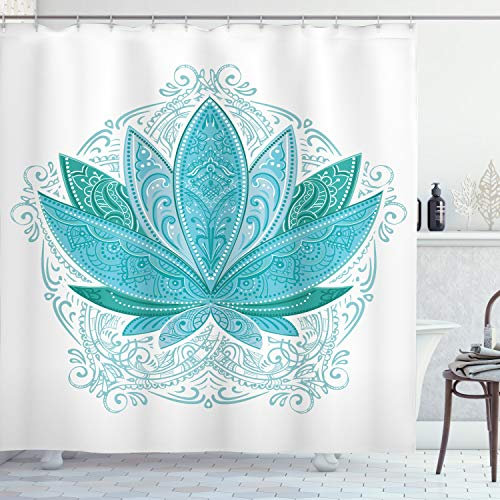 ABAKUHAUS Blatt Duschvorhang, Mehndi Lotus, Stoffliches Gewebe Badezimmerdekorationsset mit Haken, 175 x 220 cm, Teal Sky Blue