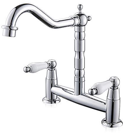 Ghopy 2 Hole Kitchen Sink Mixer Tap Traditional Deck Mounted Chrome Swivel Spout Brass Bridge Tap