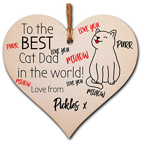 Personalised Handmade Wooden Hanging Heart Plaque Gift to the best cat dad in the world funny novelty gift tag for pet dads cat lovers add pet name card alternative