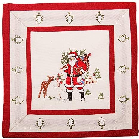 Quinnyshop Weihnachts-Deckchen mit Weihnachtsmann Stickerei ca. 30x30 cm Polyester, Rot/Crème