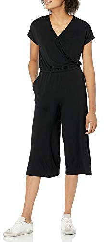 Amazon Essentials Women's Short-Sleeve Surplice Cropped Wide-Leg Jumpsuit with Elastic Waist, Black, M