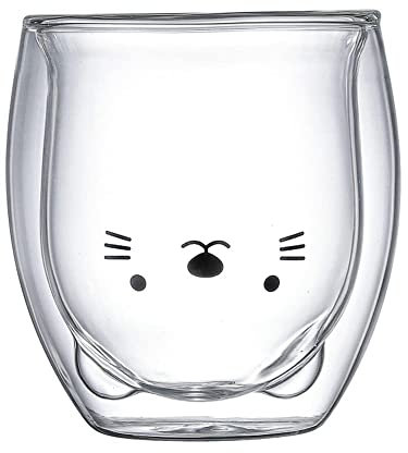 URMAGIC Cute Mugs Coffee Mug Cat Tea Cup, Double Wall Insulated Glass Mugs,250ml Cat/Duck Pattern Clear Espresso Mug,Double-Layer Clear Glass Cup,Milk Cup,Gift for Couple(2 Pcs Coffee Mugs)