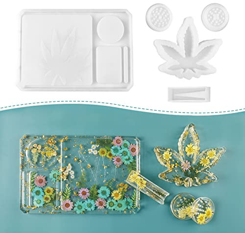 4 PCS Silicone Molds for Epoxy Resin - Large Resin Molds Including Rolling Tray Mold Ashtray Mold Joint Holder Mold and Resin Grinder Mold, DIY Epoxy Resin Molds Kit