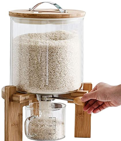 YYZYL Dispensador de Cereales de Cristal, Contenedores de Almacenamiento para Arroz y Frijoles 5/7.5L Gran Capacidad Barril de Arroz, Soporte de Madera+500ml Vaso Dosificador(Size:5L)