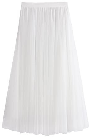 iyoimono Damen Tüllrock Falten Rock Höhe Taille A Line Mesh Freizeit Fashion Skirt Spitze Rock Midi Plisseerock Lässig Frühlingsrock(Weiß)