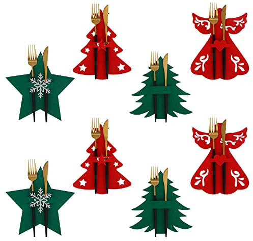 8 Pièces Porte-Couverts de Noël en Forme d'Arbre, Étoile, Ange - Décorations de Table pour Couteaux, Fourchettes, Cuillères - Sacs pour Fête, Restaurant, Cuisine
