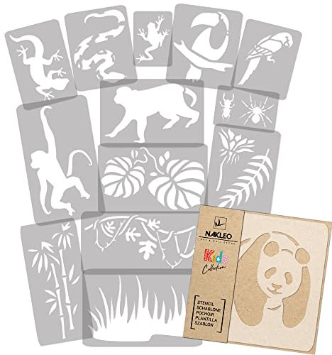 NAKLEO Wiederverwendbare Kunststoff Schablonen Malen Kinder, 14 Stück Set 9x12 bis 23x34cm Dschungel Tiere, Kinderzimmer Malvorlage Raumdekoration, Basteln DIY Wand Möbel