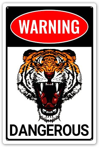 KILSPU Segnale di avvertimento pericoloso con tigre, cartello da cortile, decorazione da giardino, divertente decorazione da parete per casa/uomo grotta/bar interno/esterno 20 x 35 cm