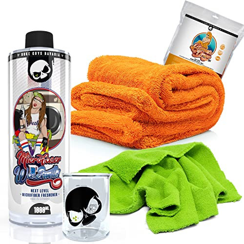 detailmate Mikrofaser Set | Nuke Guys Mikrofaserwaschmittel 1L mit Messbecher + Gamma Dryer XXL Trockentuch 1400 GSM + Liquid Elements Bilateral Mikrofaser Innenraumtuch für Auto Innenreinigung