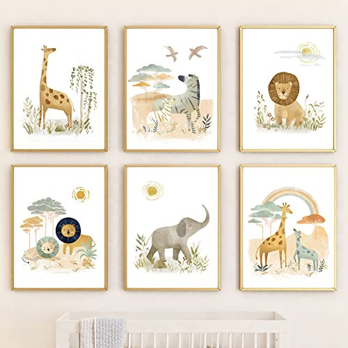 CPGG Kinderdrucke 6 Stück Löwe Elefant Giraffe Zebra Hakuna Matata Zitat Wandkunst Leinwand Gemälde Nordische Poster und Drucke Wandbilder Kinderzimmer Dekoration 20 * 30cm (ohne Rahmen)