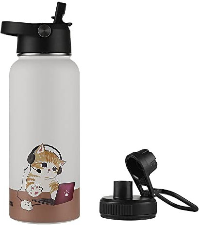 Funkrin Isolierte Wasserflasche mit Strohhalm-Deckel und Ausgießer-Deckel, 900 ml, personalisierbarer Vakuum-Edelstahl-Reisebecher, auslaufsichere, doppelwandige Flasche für heiße und kalte Getränke
