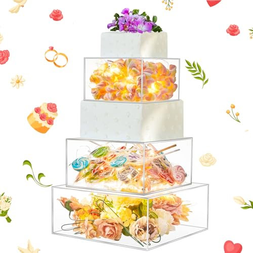 Sintuff Tortenständer aus Acryl, quadratisch, 3 Etagen, transparent, befüllbar, mit LED-Lichterkette, Cupcake-Ständer mit Deckel, für Hochzeit, Geburtstag, Party, Tisch, Desserts (15,2 cm, 20,3 cm,