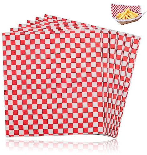 NUWIQ Lot de 100 feuilles de papier d'emballage de qualité alimentaire - 30 x 30 cm - Résistants à la graisse - Pour hamburgers, sandwichs, charcuteries, frites - Carreaux rouges - Pour cuisine, salle