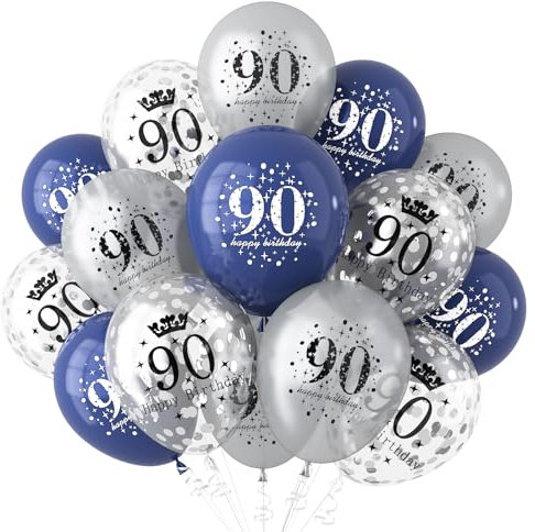 90th Birthday Balloons for Men Women, Happy Dad 90th Birthday Balloons, Navy Blue Silver 90 birthday balloon for 90 birthday Anniversary Party Decorations Supplies, 90 Year Old Party Decorations