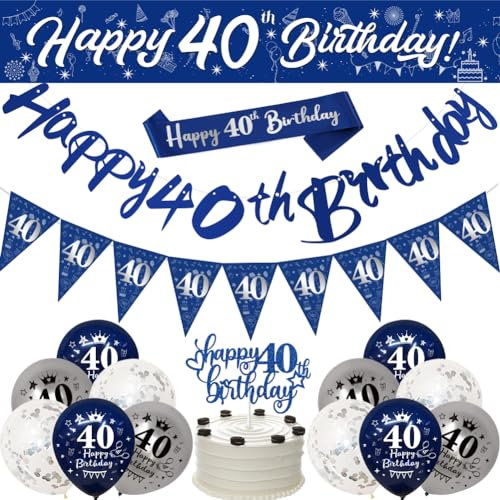 40th Birthday Decorations for Men - Navy Blue Silver Banners, Party Supplies, 9ft Bunting, Sash, Confetti, Latex Balloons, Cake Topper, Triangle Flags