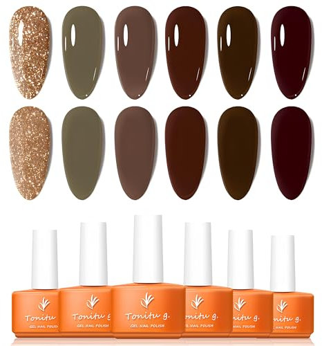 Tonitu G Gel Nail Polish Set 6 Colors Gel Polish Kit, Glitter Gold Beige Deep Brown Chocolate Burgundy Nail Art Design Soak Off LED at Manicure DIY Home Salon Gifts for Women Girls